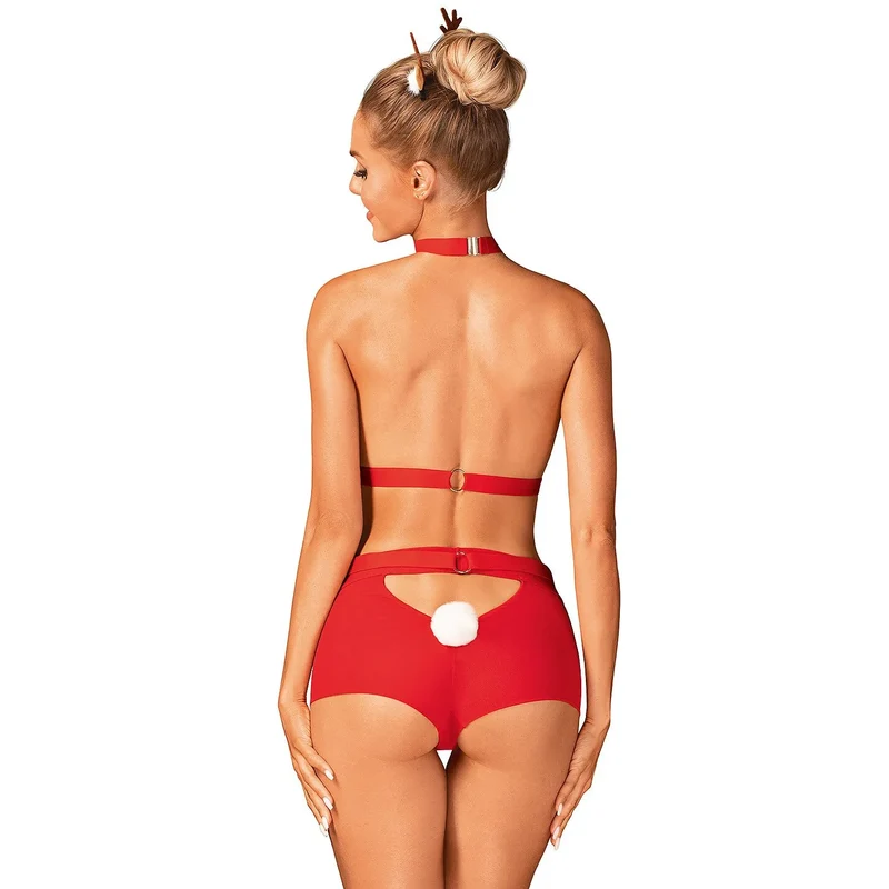 Costume érotique Noël Obsessive harnais culotte taille haute pompons blancs accents rouges réglables anneaux métalliques matières extensibles sexy