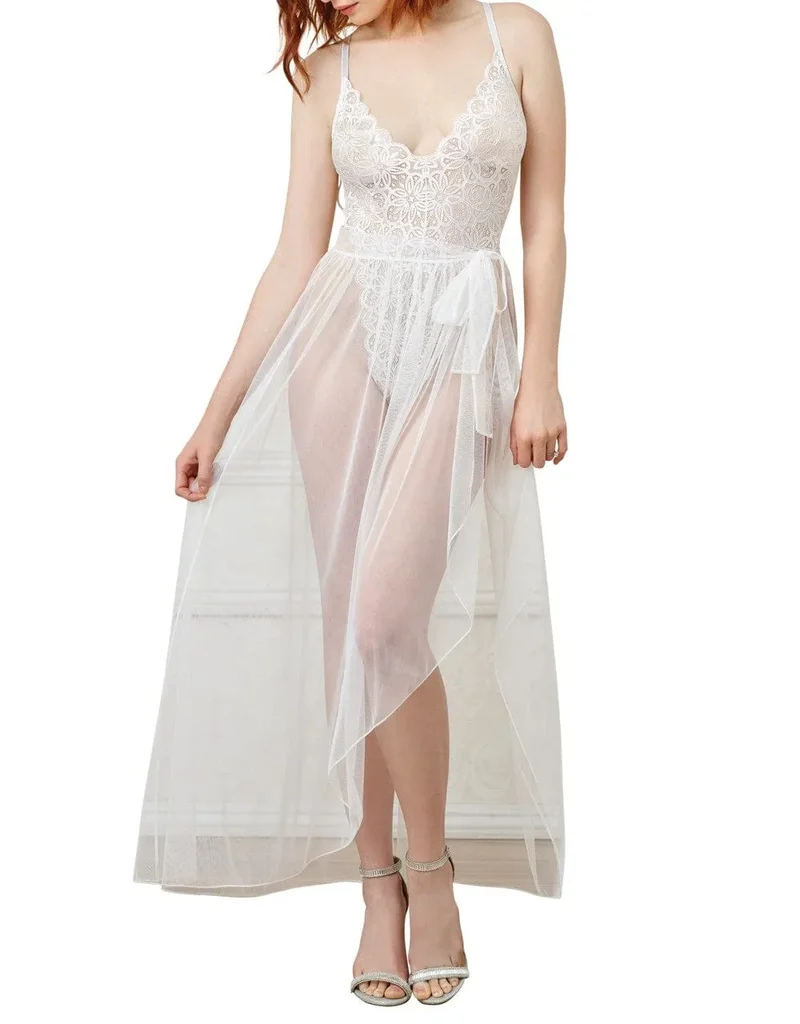 body string dentelle blanc sexy échancré hanches dos quasi nu bretelles réglables jupe longue maille transparente amovible nylon elasthanne polyester