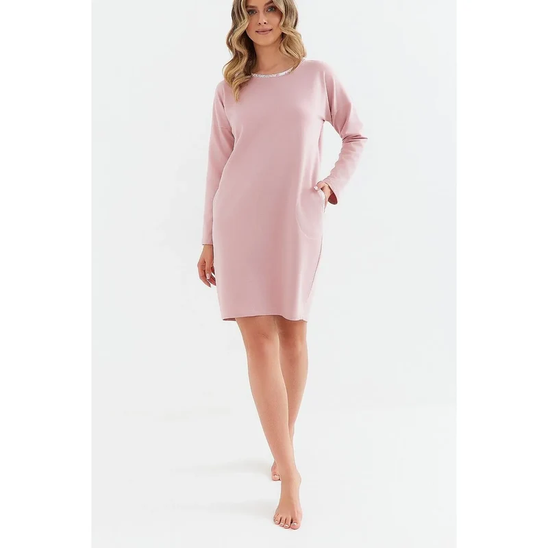Chemise de nuit confortable pour femme manches longues en coton brossé rose pâle poches latérales douce et respirante nuit détente relaxation intime