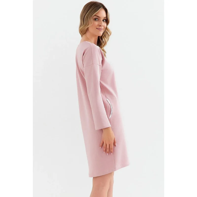 Chemise de nuit confortable pour femme manches longues en coton brossé rose pâle poches latérales douce et respirante nuit détente relaxation intime