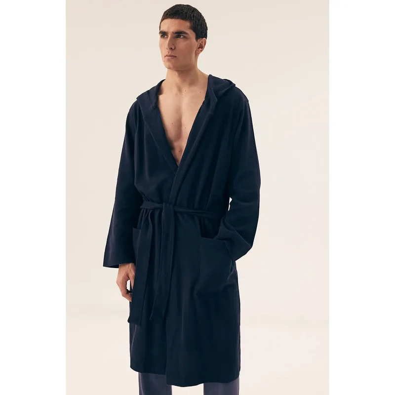 peignoir homme coton doux respirant naturel pur capuche poches mi mollet manches longues ceinture amovible coupe ample classique bleu marine