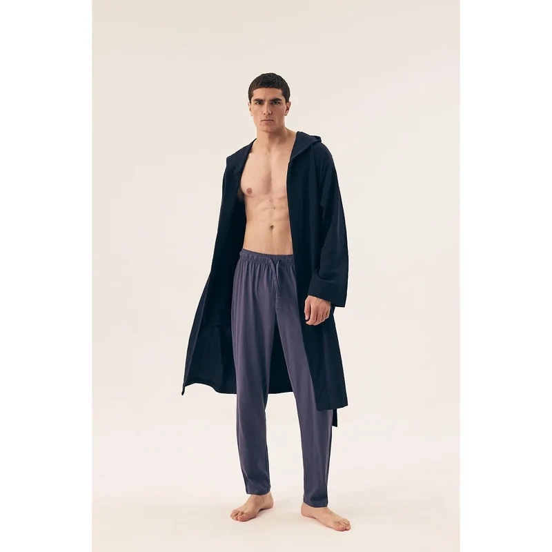 peignoir homme coton doux respirant naturel pur capuche poches mi mollet manches longues ceinture amovible coupe ample classique bleu marine