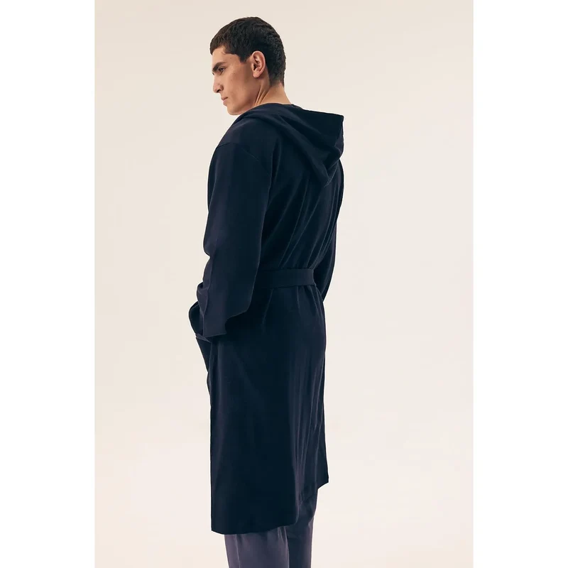 peignoir homme coton doux respirant naturel pur capuche poches mi mollet manches longues ceinture amovible coupe ample classique bleu marine