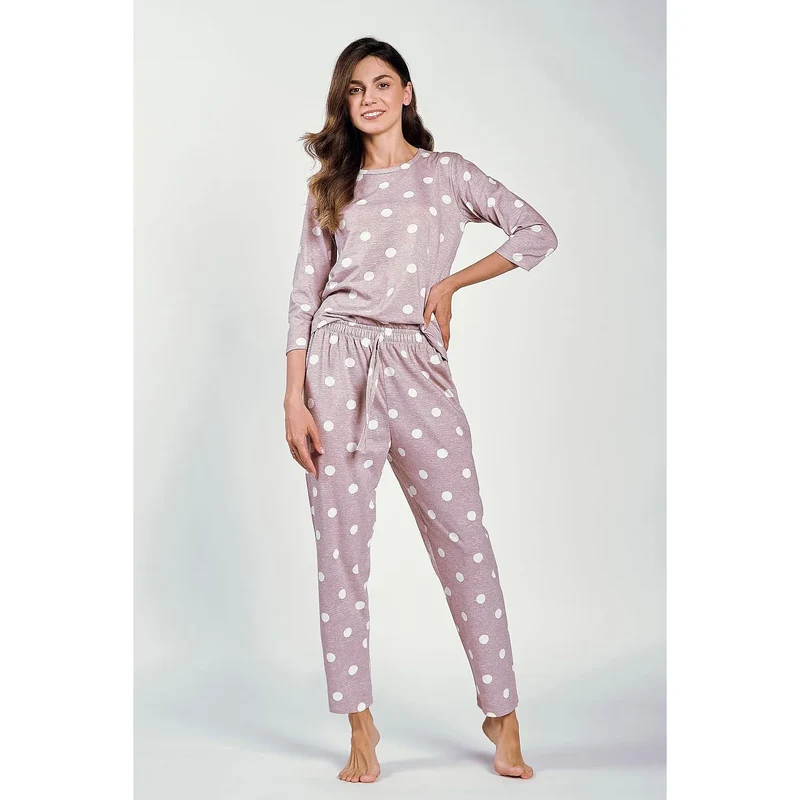 Pyjama élégant confortable femme coton doux imprimé gros pois blancs mauve lavande manches longues col rond pantalon long taille élastique
