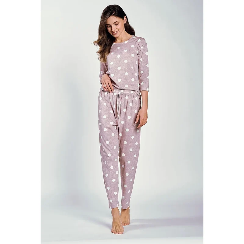 Pyjama élégant confortable femme coton doux imprimé gros pois blancs mauve lavande manches longues col rond pantalon long taille élastique