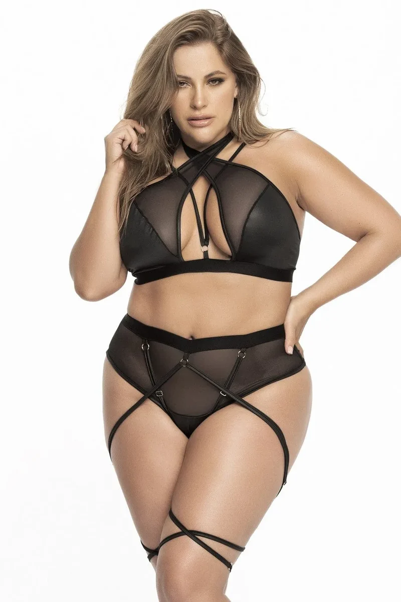 Ensemble Lingerie Grande Taille Résille Noire Transparente Soutien Gorge Lanières Avant Bretelles Réglables Culotte Haute Sangles Entrecroisées Mapalé