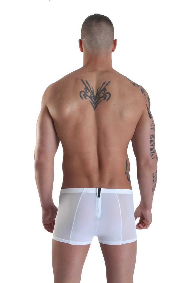 Boxer homme sexy blanc double fermeture glissière avant arrière alternance opaque transparent polyamide élasthanne extensible confortable moulant audacieux sensuel