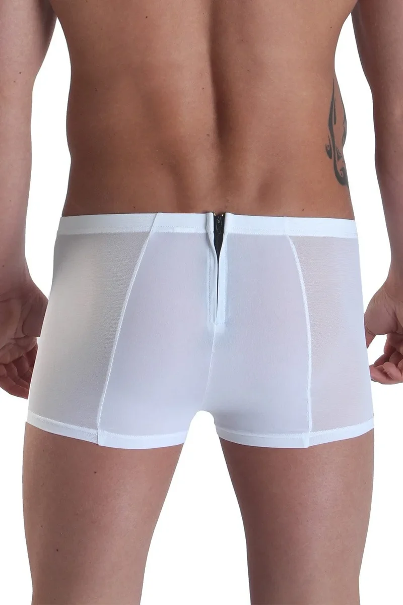 Boxer homme sexy blanc double fermeture glissière avant arrière alternance opaque transparent polyamide élasthanne extensible confortable moulant audacieux sensuel