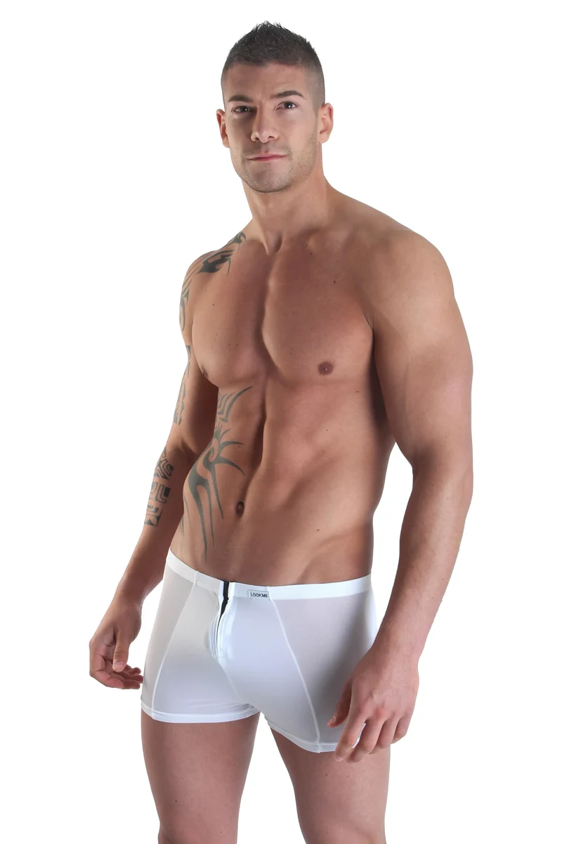 Boxer homme sexy blanc double fermeture glissière avant arrière alternance opaque transparent polyamide élasthanne extensible confortable moulant audacieux sensuel