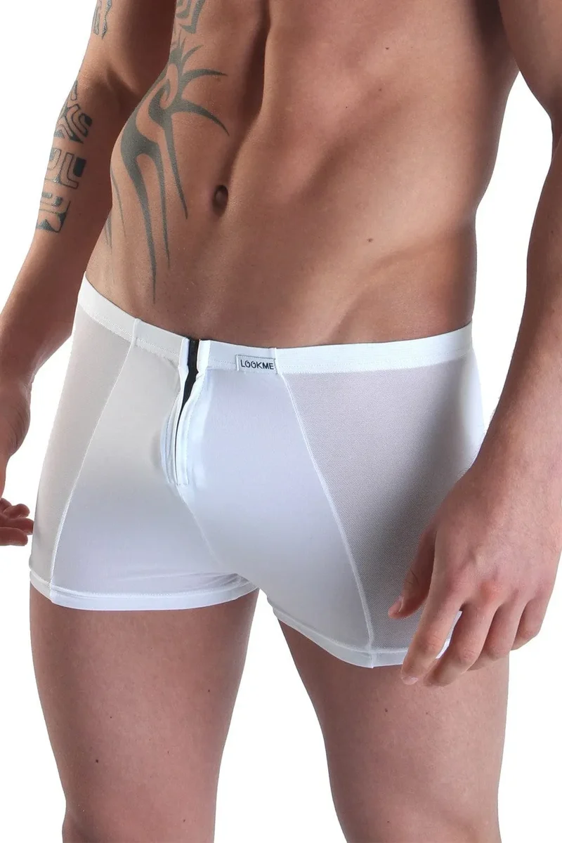 Boxer homme sexy blanc double fermeture glissière avant arrière alternance opaque transparent polyamide élasthanne extensible confortable moulant audacieux sensuel