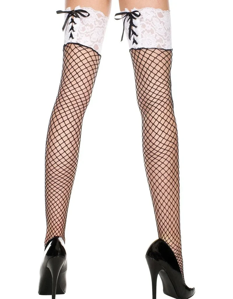 bas résille noir sexy jarretières laçage arrière large maintien glamour filet extensible confortable nylon élasthanne élégant sensualité soirée romantique