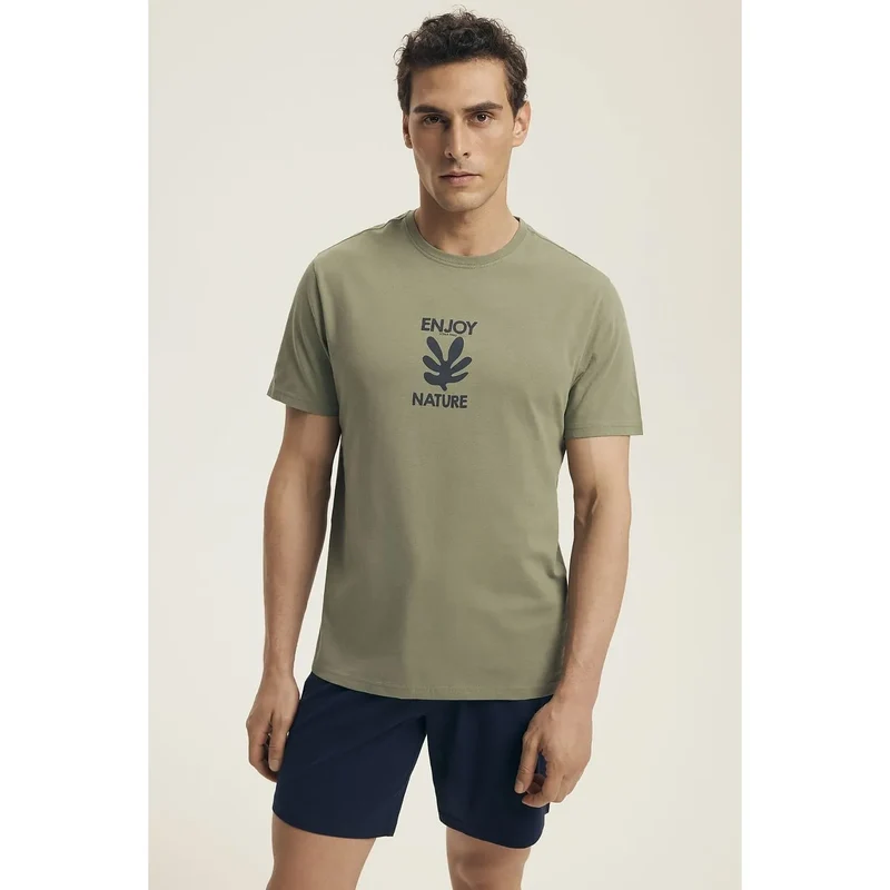 Pyjama femme confortable style décontracté pyjama court manches courtes col rond imprimé ENJOY NATURE t-shirt coton short bleu foncé