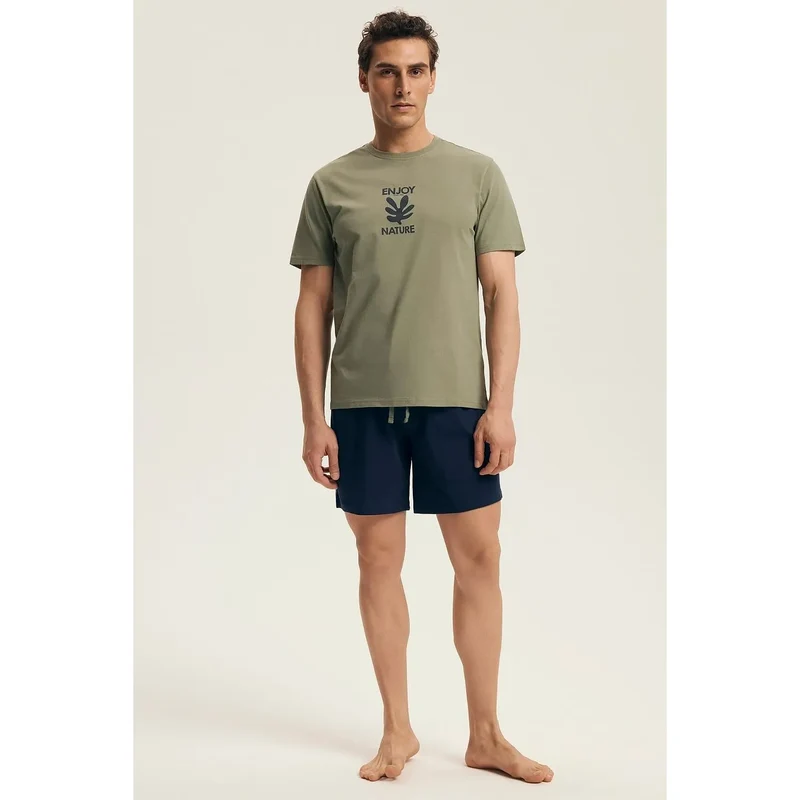 Pyjama femme confortable style décontracté pyjama court manches courtes col rond imprimé ENJOY NATURE t-shirt coton short bleu foncé