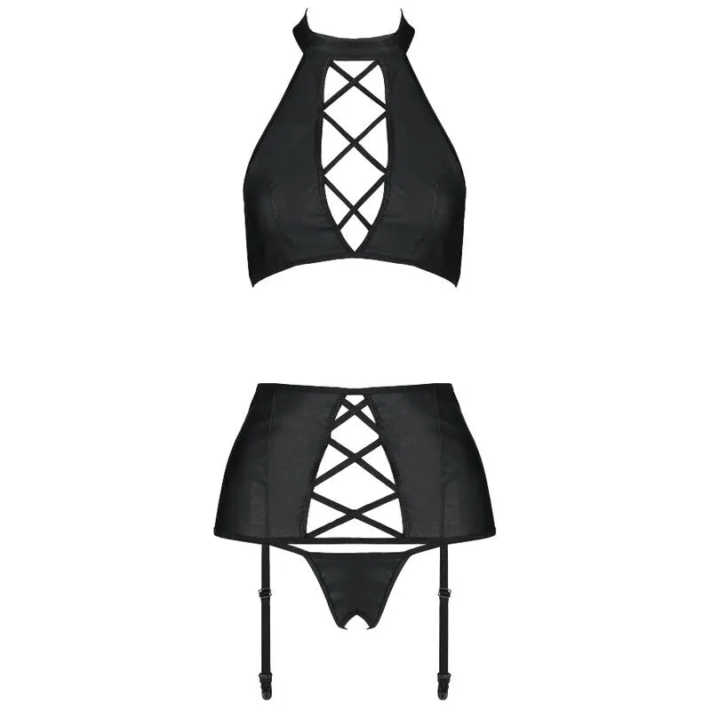 Ensemble trois pièces cuir noir sensuel moderne femmes tailleLXL soutiengorge portejarretelles string bonnetsrenforcés bretellesréglables confort fabricationeuropéenne