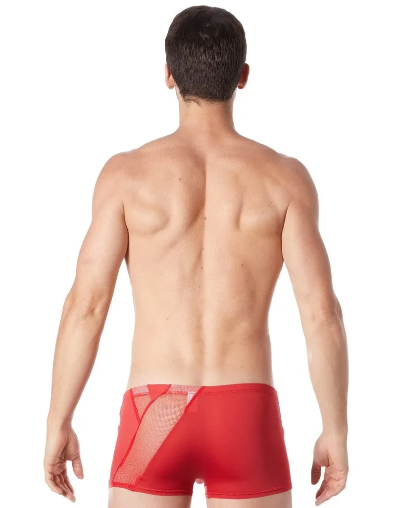 Boxer rouge satiné résille transparente vue subtile zip décoratif taille ajustée extensible confortable polyamide élasthanne séduisant sexy élégant moderne audacieux