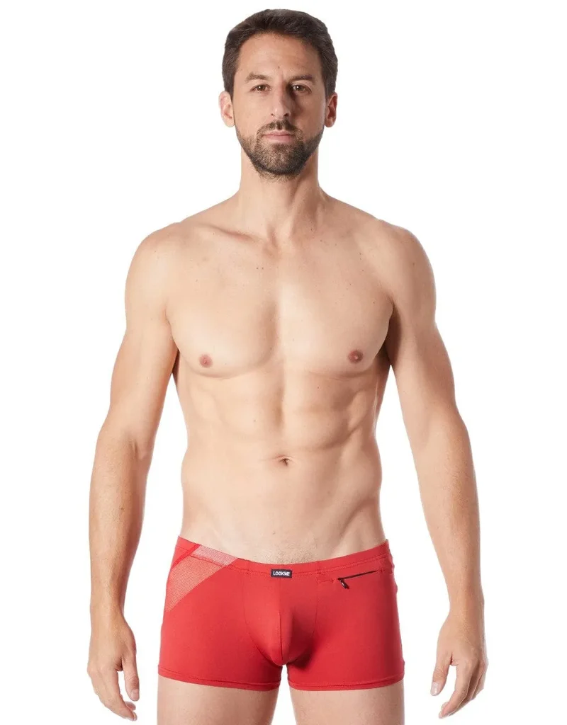 Boxer rouge satiné résille transparente vue subtile zip décoratif taille ajustée extensible confortable polyamide élasthanne séduisant sexy élégant moderne audacieux