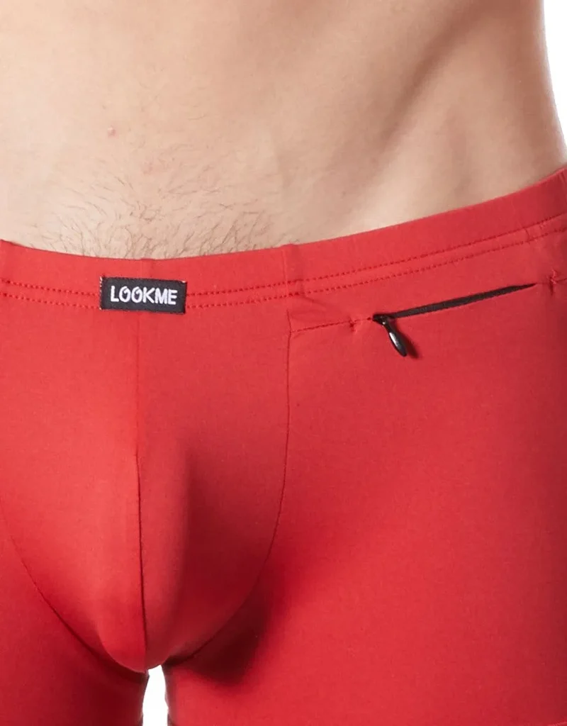 Boxer rouge satiné résille transparente vue subtile zip décoratif taille ajustée extensible confortable polyamide élasthanne séduisant sexy élégant moderne audacieux