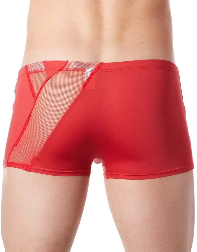 Boxer rouge satiné résille transparente vue subtile zip décoratif taille ajustée extensible confortable polyamide élasthanne séduisant sexy élégant moderne audacieux