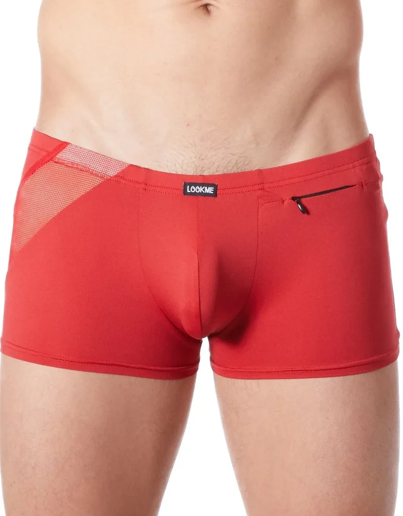 Boxer rouge satiné résille transparente vue subtile zip décoratif taille ajustée extensible confortable polyamide élasthanne séduisant sexy élégant moderne audacieux