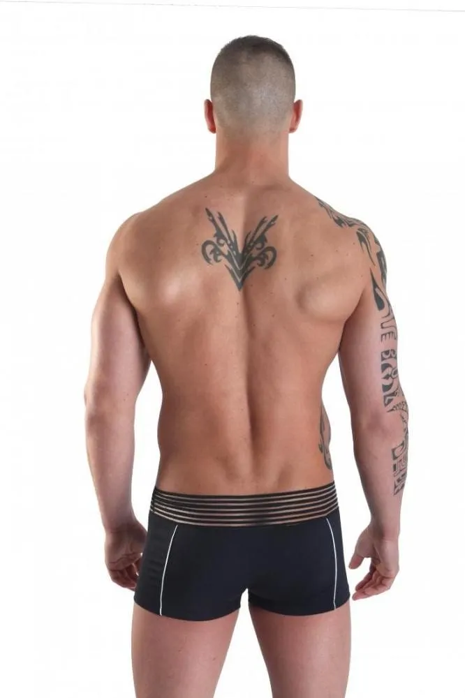 boxer homme élasthanne noir ceinture large rayures horizontales opaques transparentes verticales blanches côtés avant dos coupe ajustée matière extensible confort