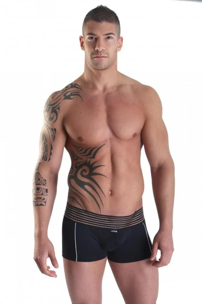 boxer homme élasthanne noir ceinture large rayures horizontales opaques transparentes verticales blanches côtés avant dos coupe ajustée matière extensible confort