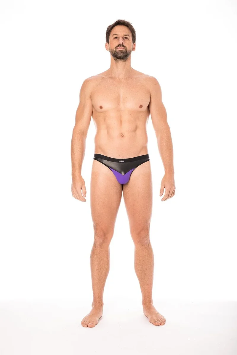 Jock violet éclatant confortable extensible simili cuir sophistiqué doux opaque élasthanne polyester résistant maintien bandes élastiques silhouette sexy