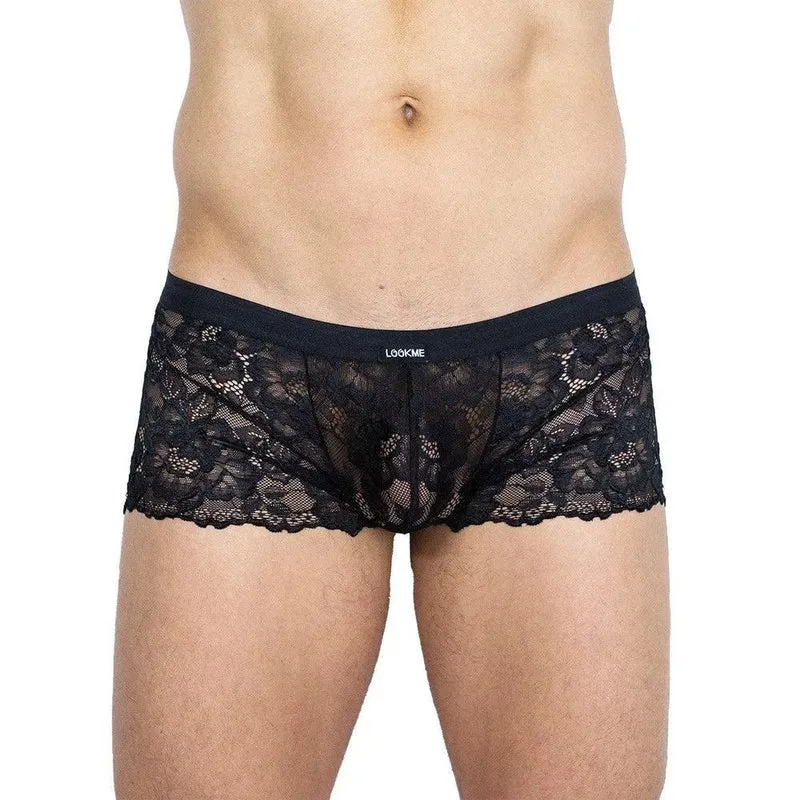 mini slip dentelle noire masculin floral ouvert arrière bandes élastiques maintien confortable extensible polyester élasthanne durable sensuel silhouette