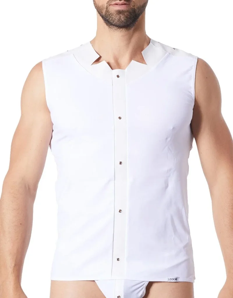 Débardeur Blanc Effet Satiné Style Cuir Bande Verticale Anneaux Métalliques Col Rond Pointes Dos Transparent Sensualité Tissu Doux Extensible