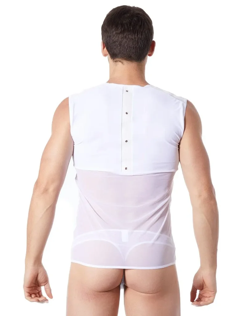 Débardeur Blanc Effet Satiné Style Cuir Bande Verticale Anneaux Métalliques Col Rond Pointes Dos Transparent Sensualité Tissu Doux Extensible