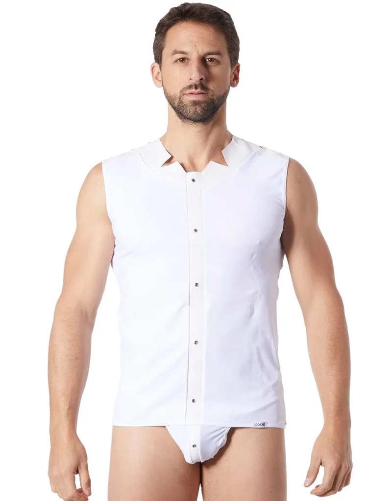 Débardeur Blanc Effet Satiné Style Cuir Bande Verticale Anneaux Métalliques Col Rond Pointes Dos Transparent Sensualité Tissu Doux Extensible