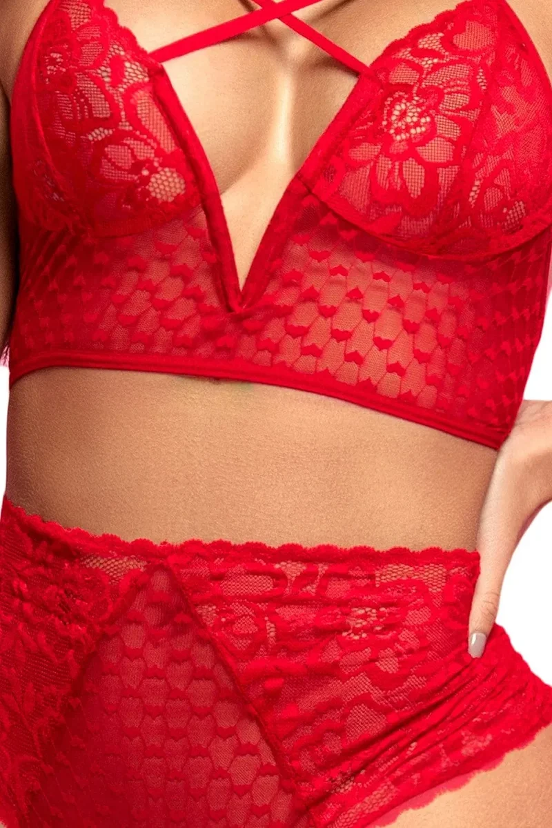 lingerie dentelle rouge sensuelle ensemble pièces soutien gorge dos nu bretelles longues lanières culotte taille haute sculptante extensible polyamide elasthanne