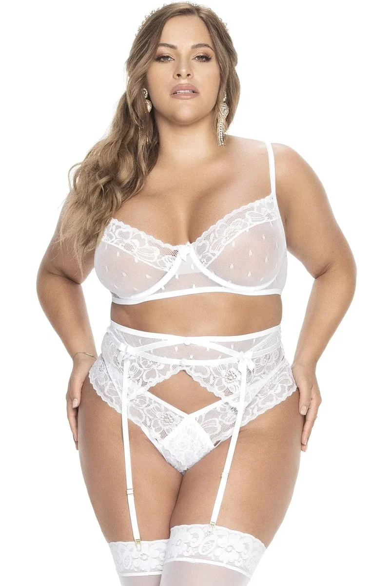 Ensemble Lingerie Grande Taille Blanc Dentelle Résille Pois Fleurie Raffiné Séduisant Confortable Armatures Maintien Bretelles Réglables Culotte Porte Jarretelles Qualité