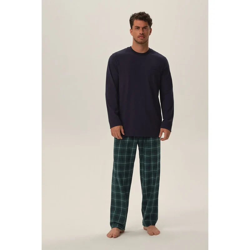 pyjama homme classique confortable manches longues pantalon carreaux bleu foncé vert respirant doux coupe ample cordon taille élastique entretien facile