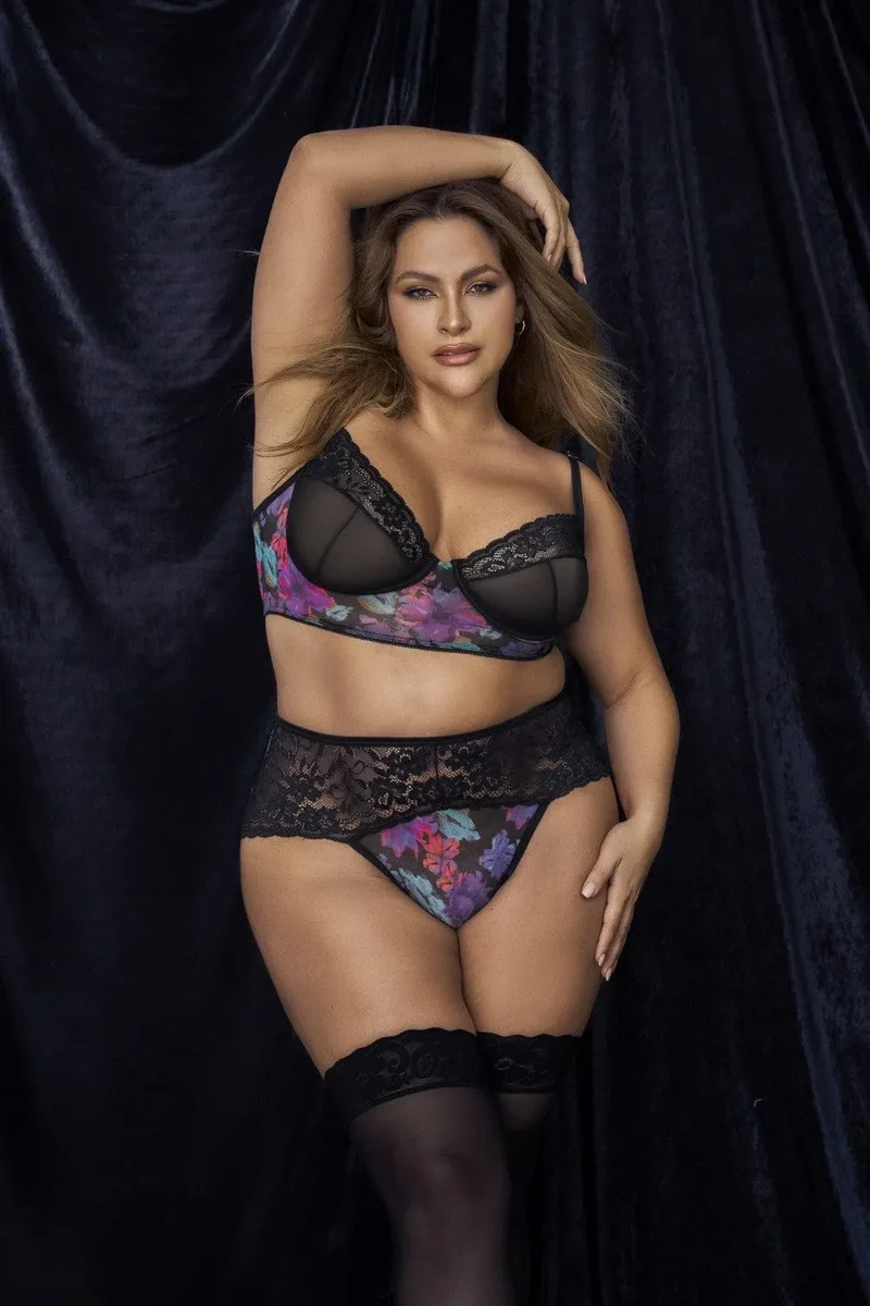 Ensemble lingerie grande taille dentelle résille florale soutien gorge armatures bordures culotte haute maintien confort douceur peau durable