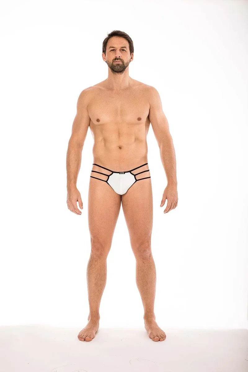 sousvetement blanc style trois cordes laterales toile araignee opaque maintien ceinture transparente ajustement confortable elastique polyamide elasthanne sexy homme audacieux
