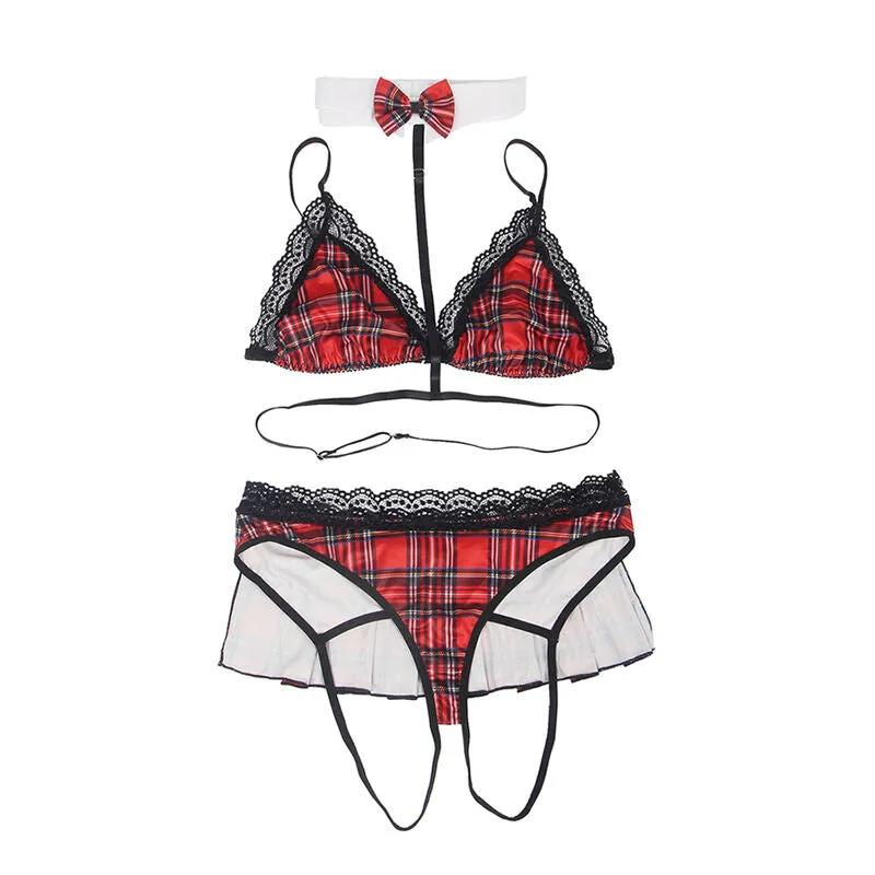 costume étudiante sexy dentelle damier polyester élasthanne soutien gorge culotte volants collier inclus moulant ajustable confortable femme séduisant