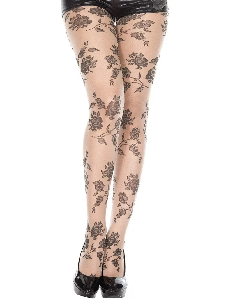 collant chair floral imprimé roses noires nylon elasthanne confortable extensible élégant raffiné sexy mode féminin tendance