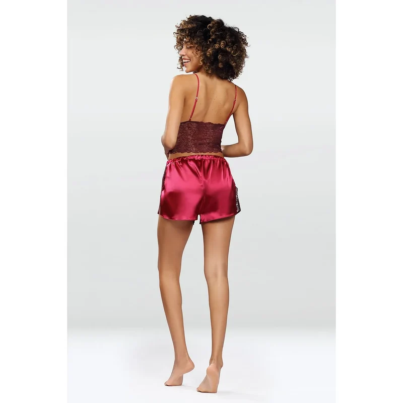 ensemble sexy dentelle satin bordeaux transparente motif floral bretelles ajustables décolleté profond soutien galbé taille élastique fluide confort sensualité élégance