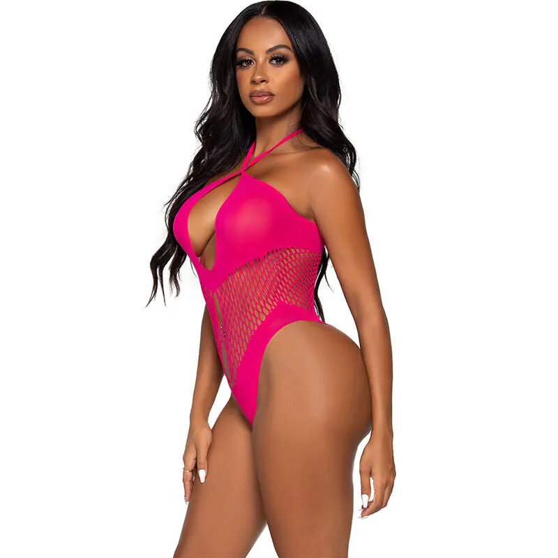 body dos nu sans couture fuchsia élégant confortable silhouette ajustée tissu élastique respirant décolleté profond croisé taille unique sexy raffiné