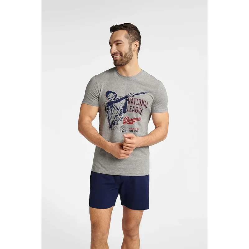 pyjama homme sportif décontracté coton viscose doux respirant confortable ensemble deuxpieces haut gris imprimé baseball bermuda bleu marine
