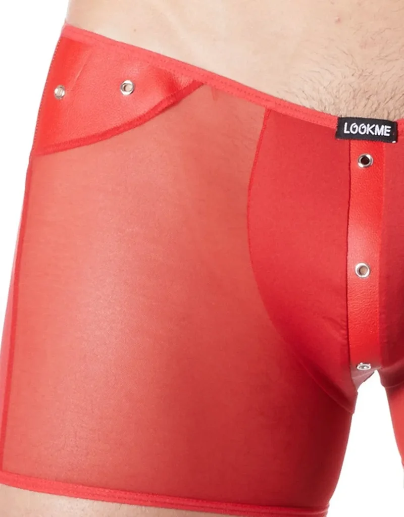 boxer rouge transparent maille fine bande verticale effet cuir anneaux métalliques hanches avant opaque confortable extensible ajustement homme