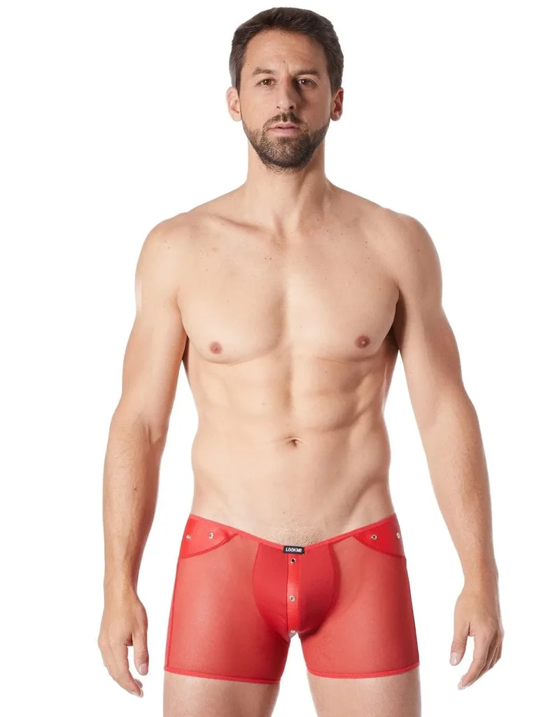 boxer rouge transparent maille fine bande verticale effet cuir anneaux métalliques hanches avant opaque confortable extensible ajustement homme