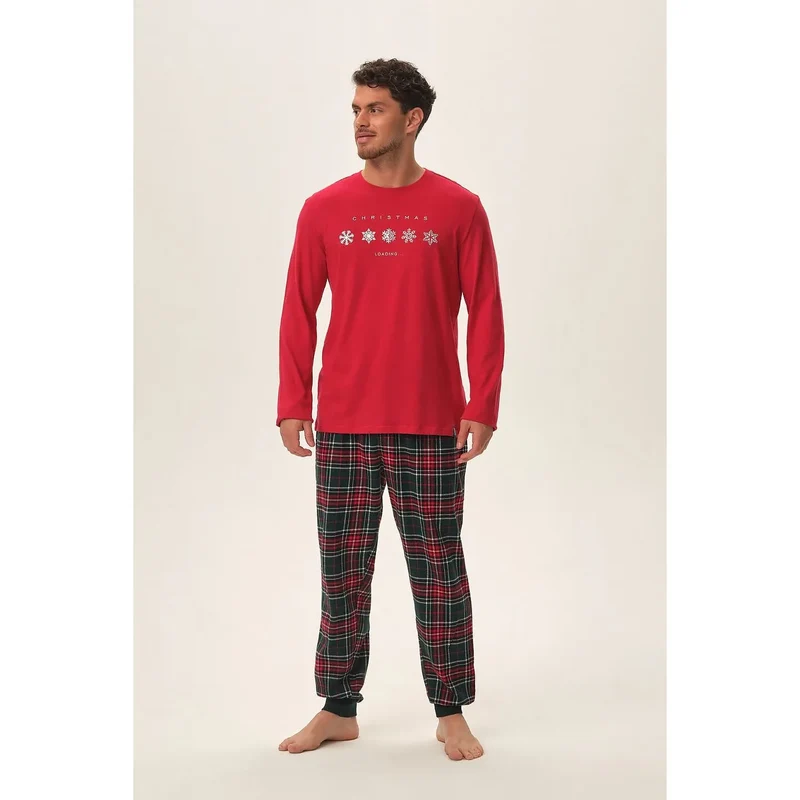 pyjama homme Noël Henderson 203662 coton doux confortable manches longues motif flocons neige pantalon carreaux rouge taille élastiquée cordons rouges
