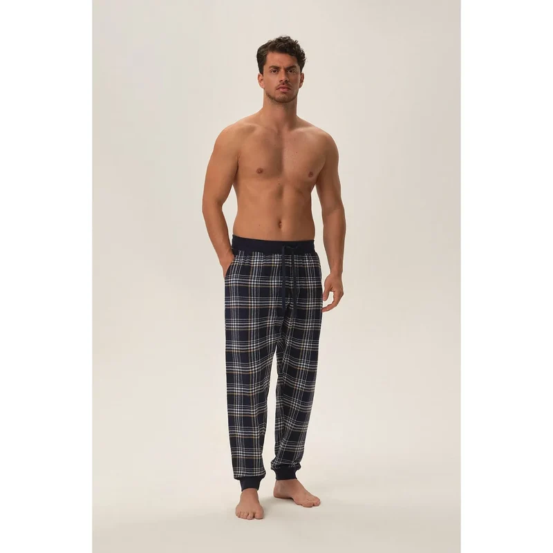 pantalon pyjama homme carreaux bleu marine coton hypoallergénique confort doux respirant coupe relâchée taille élastique cordon poches profondes chevilles élastiques