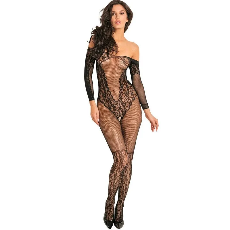combinaison sexy moulante résille noire décorée illusion body bas large décolleté plongeant manches longues attachées ouverte entre jambes fesses tailleunique