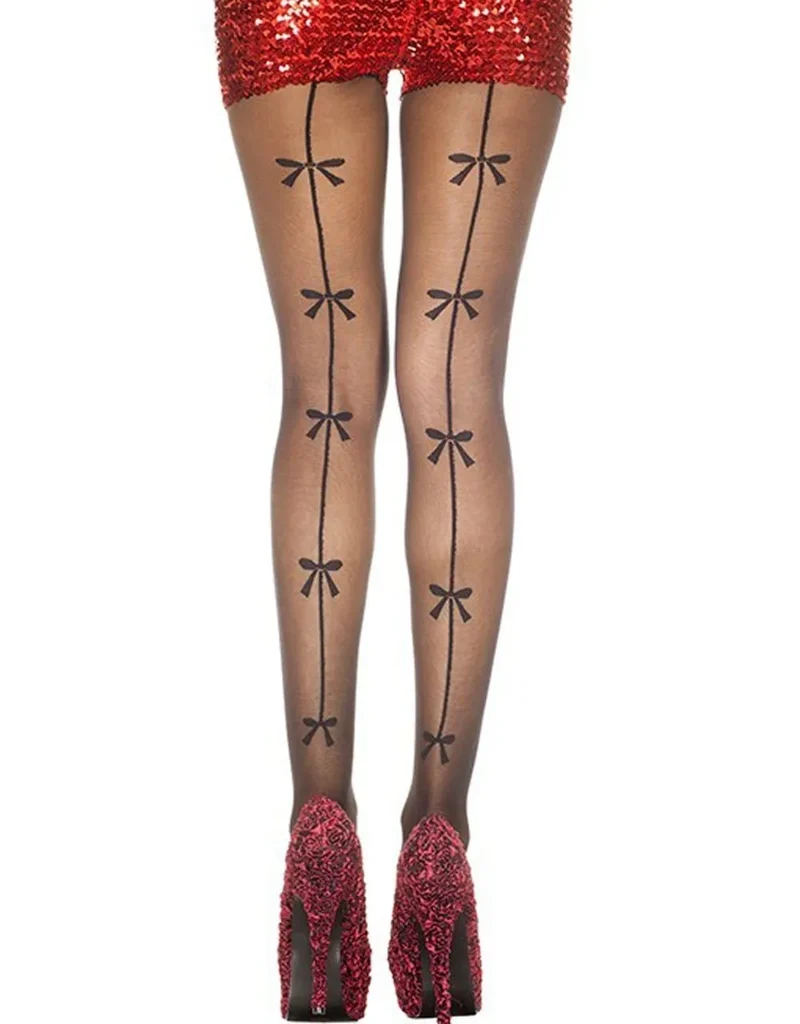 Collant noir fantaisie couture arrière noeud apparent grand effet élégant sexy tendance bas mode résistant nylon élasthanne extensible pas cher