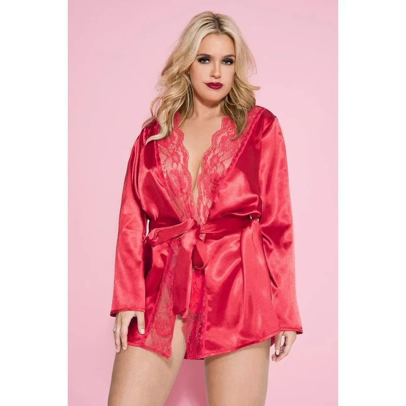 peignoir satin dentelle manches longues ceinture ajustable bordure délicate féminin soyeux léger élasthanne nylon luxueux glamour sensuel soirée détente cadeau