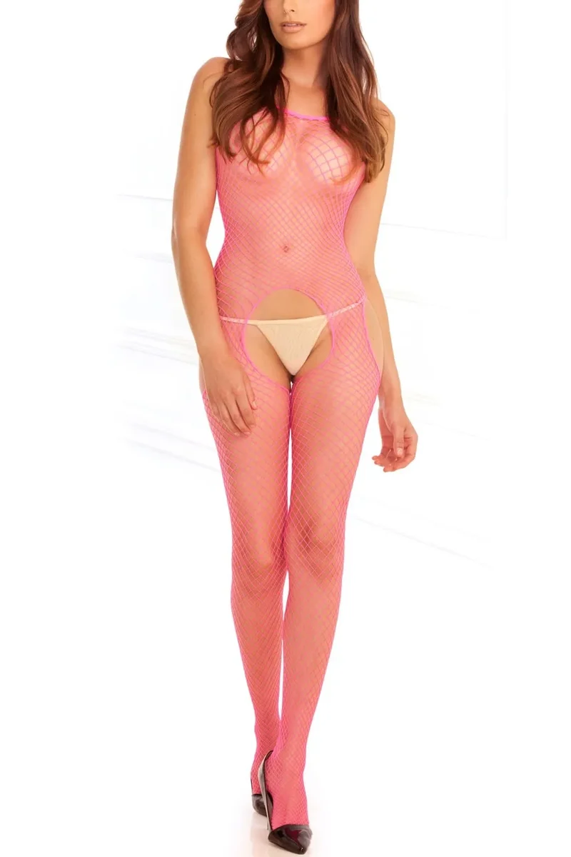Combinaison moulante rose résille filet ouverture devant derrière extensible douce seconde peau sensuelle ajustée élasthanne polyester