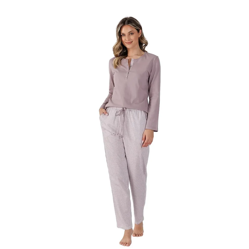 pyjama femme luxe confort doux respirant coton manches longues encolure ronde boutonnière pantalon ample taille élastique cordon poches carreaux mauve