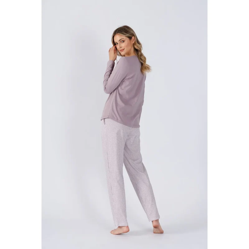 pyjama femme luxe confort doux respirant coton manches longues encolure ronde boutonnière pantalon ample taille élastique cordon poches carreaux mauve